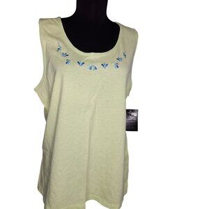 Axcess L Tank Top Womens Green Sleeveless Cotton Blue Embroidered Floral Design